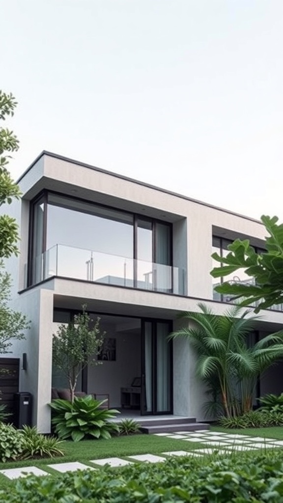Modern minimalist house facade featuring large windows, glass railings, and lush landscaping.