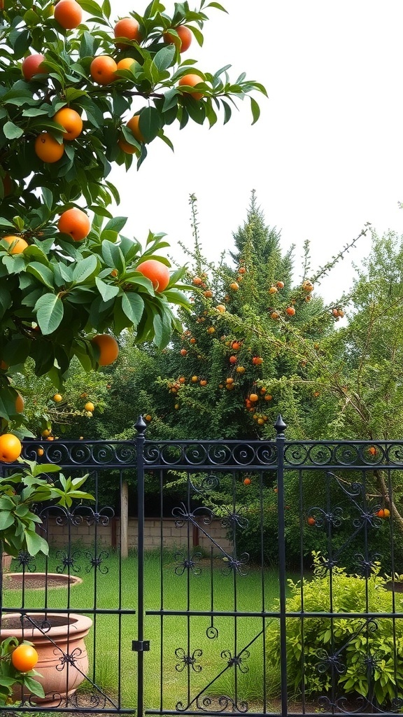 A fruit tree garden with orange trees and a black wrought iron fence.