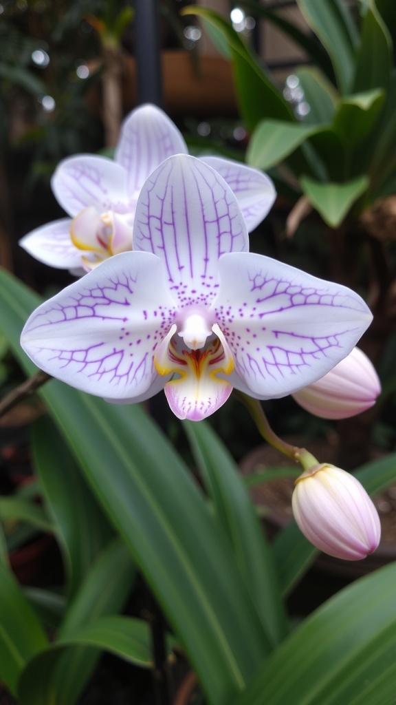 A close-up of a beautiful orchid with white and purple petals, surrounded by green leaves.