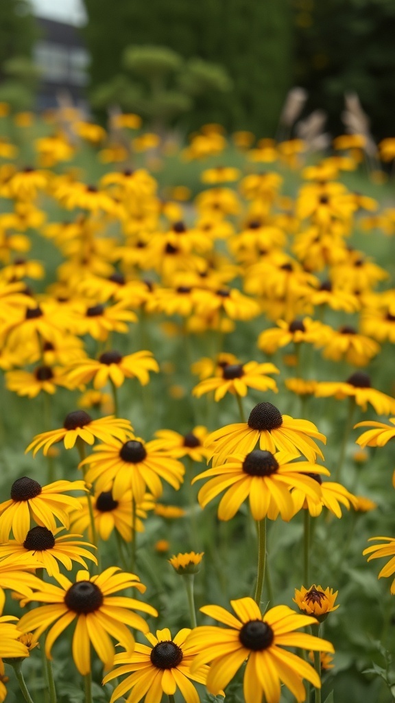 A field of bright yellow Black-Eyed Susans with dark centers, showcasing their vibrant beauty.