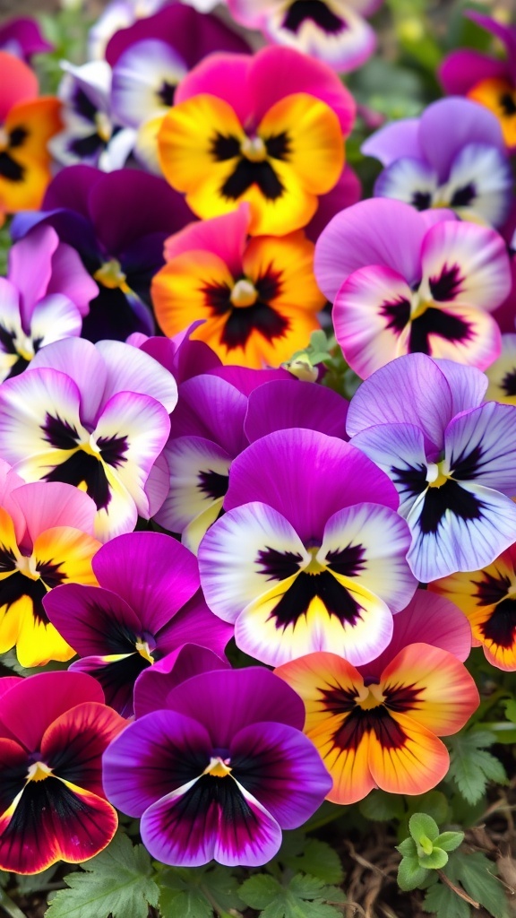 A vibrant display of pansies in various colors including purple, yellow, and orange.