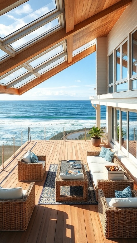 A coastal beach house with a spacious wooden deck overlooking the ocean.