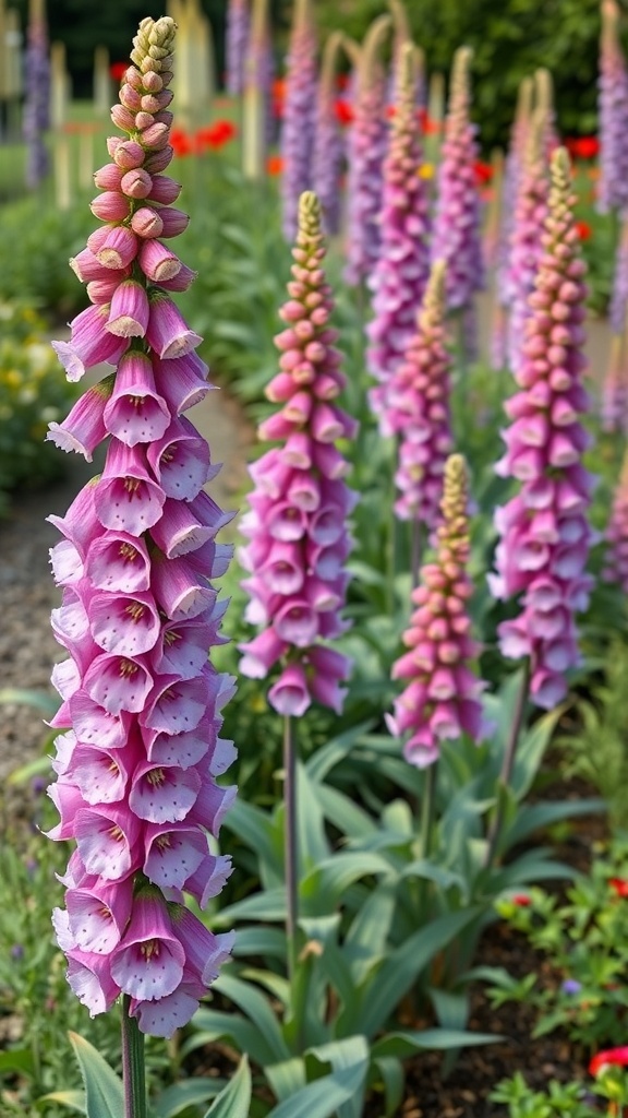 A row of tall pink foxgloves in a garden.