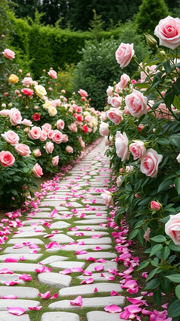 A winding pathway lined with pink rose petals and blooming roses on either side.