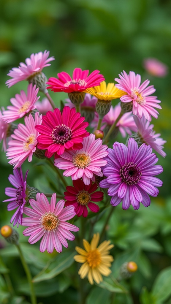 A vibrant cluster of Scabiosa flowers in shades of pink, purple, and yellow.