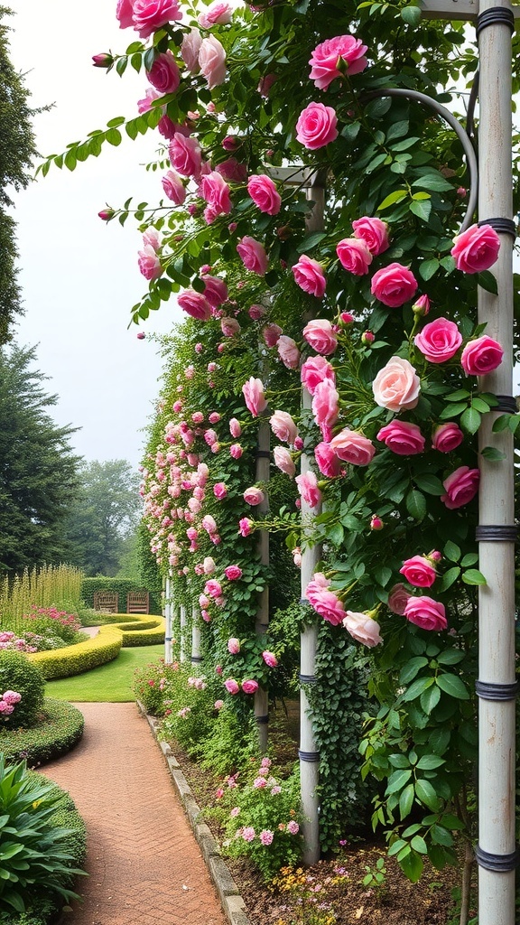 Vertical rose trellises with pink roses in a garden setting