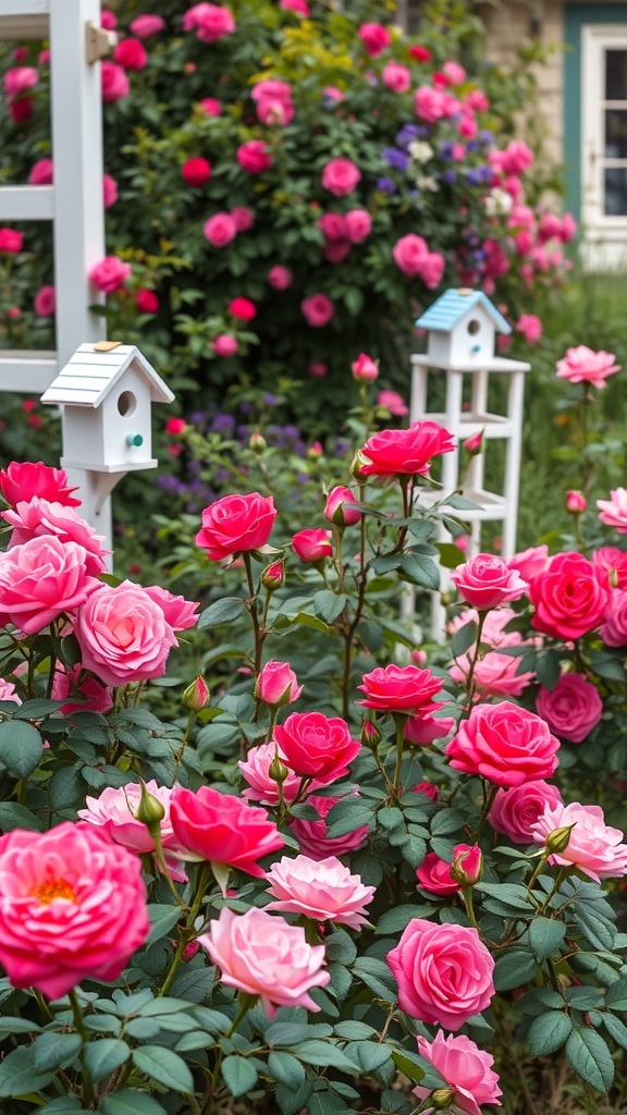 A vibrant rose garden featuring pink roses and charming birdhouses.