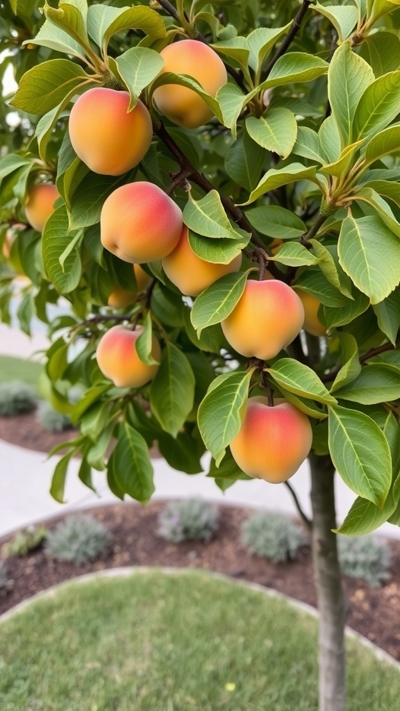 A close-up of a nectarine tree with ripe nectarines hanging from its branches.