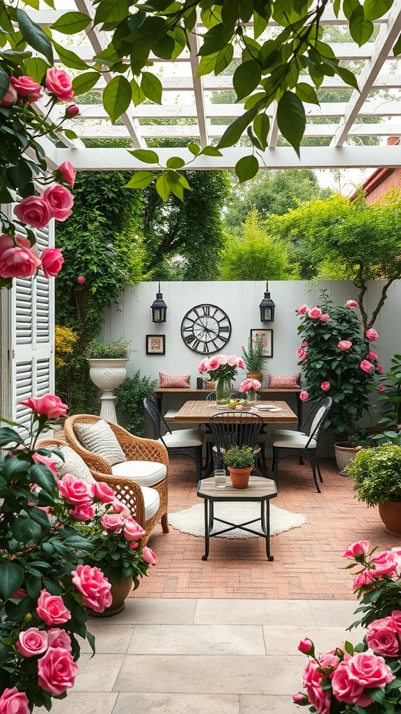 A cozy outdoor living space surrounded by pink roses, featuring a dining table and comfortable seating.