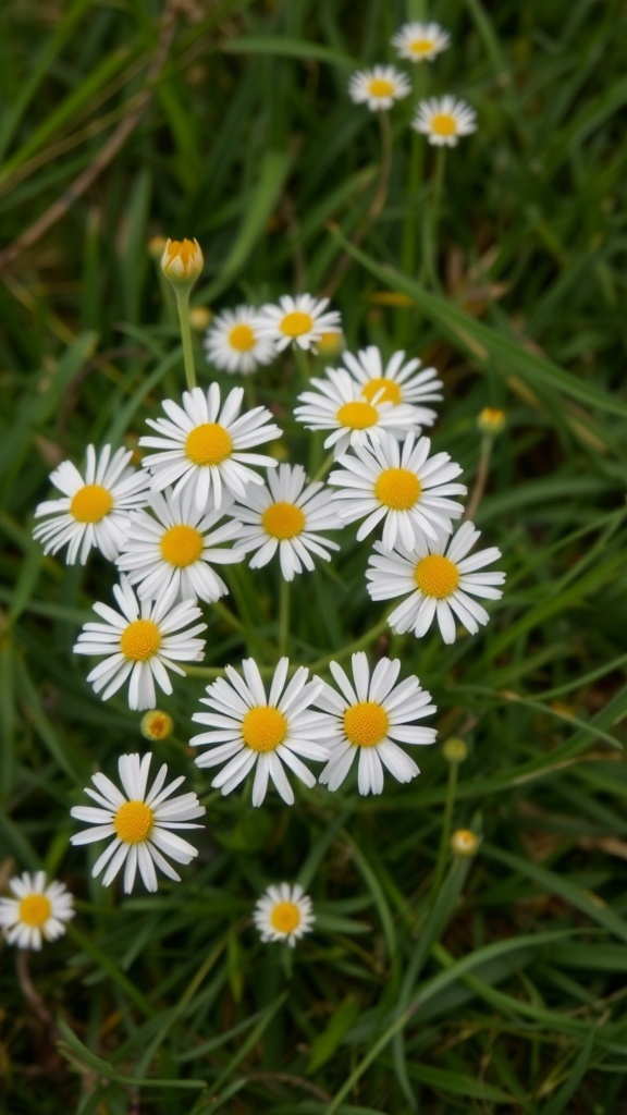 A cluster of white daisies with yellow centers blooming in green grass.