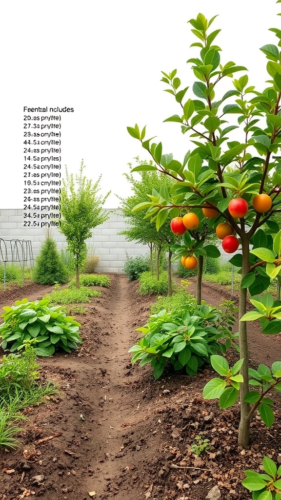 A well-organized fruit tree garden layout with pathways and various fruit trees.