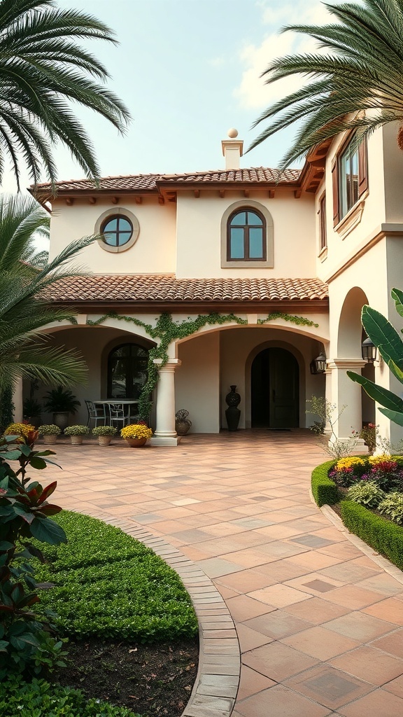 Luxurious Mediterranean villa with a tiled pathway, palm trees, and vibrant flowers.