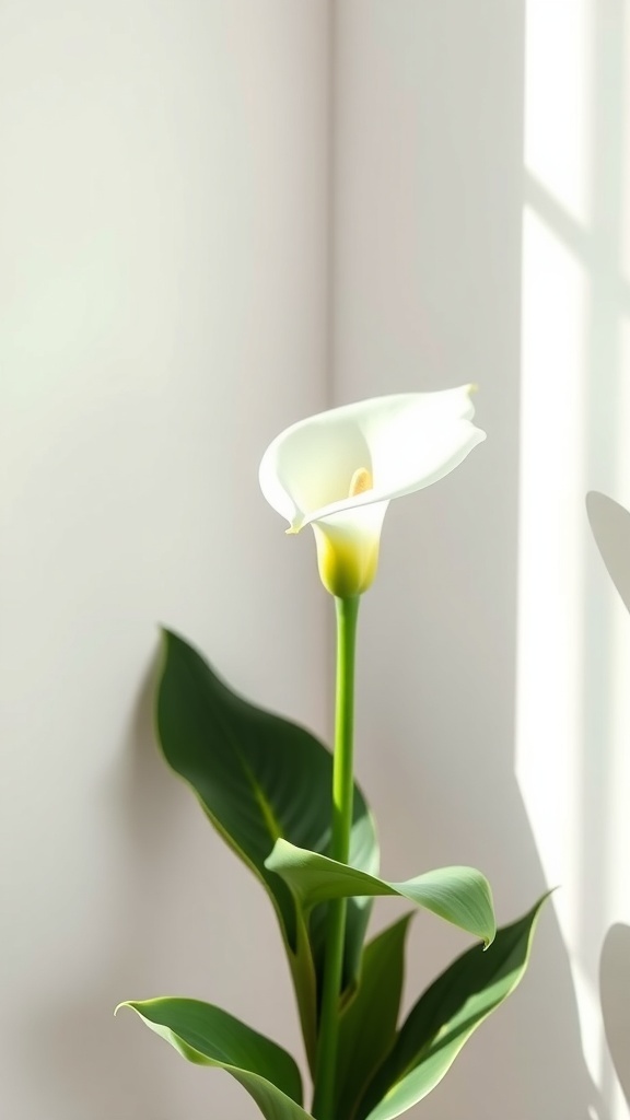 A single calla lily with white petals and a yellow stamen, standing on a green stem with leaves.