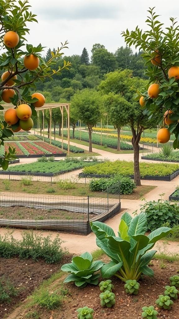 A garden layout featuring fruit trees with oranges and vegetable patches, showcasing a harmonious integration of plants.
