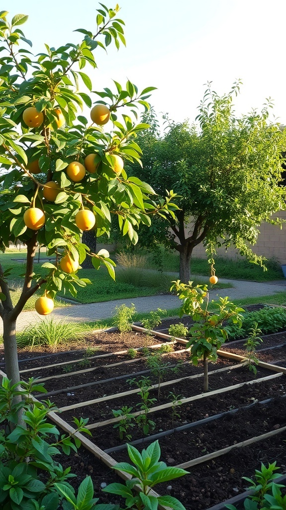 A vibrant fruit tree garden with yellow fruits and a compost area.