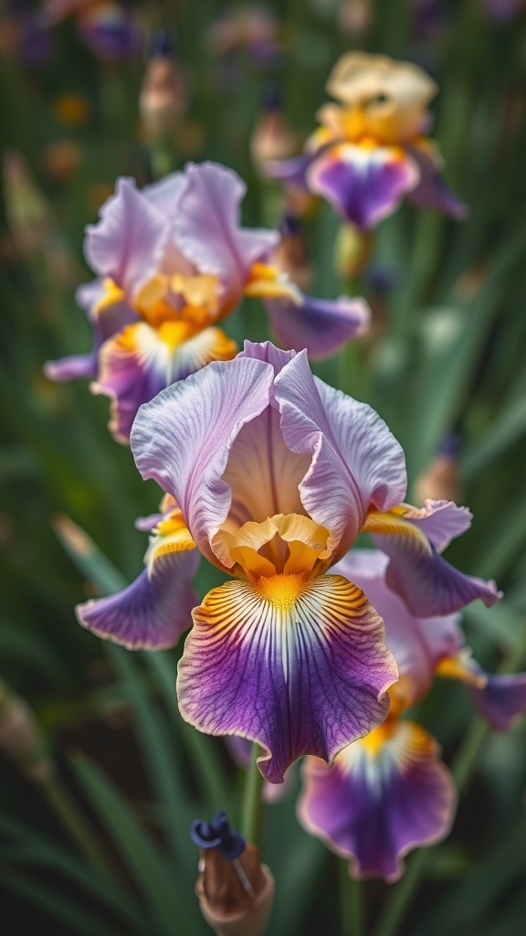 A close-up of colorful iris flowers with purple and yellow petals.