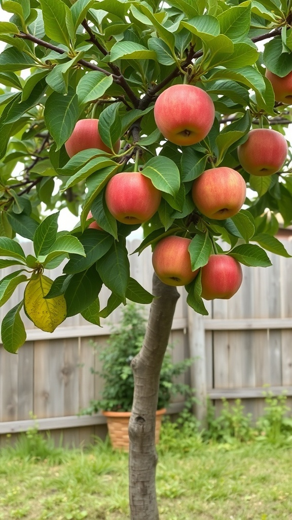 A healthy apple tree with ripe red apples in a backyard setting.