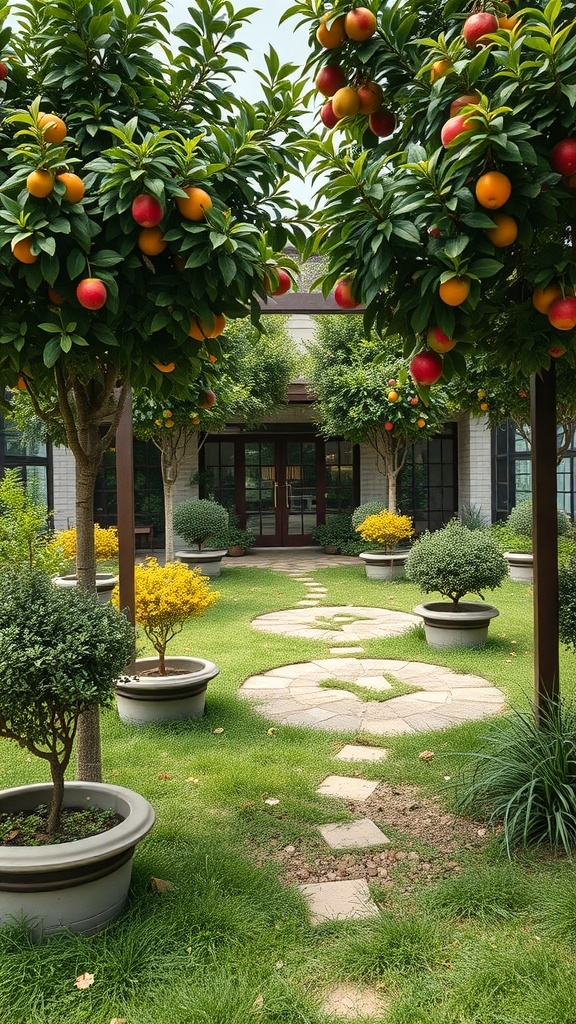 A vibrant fruit tree garden with colorful fruits and a stone pathway.