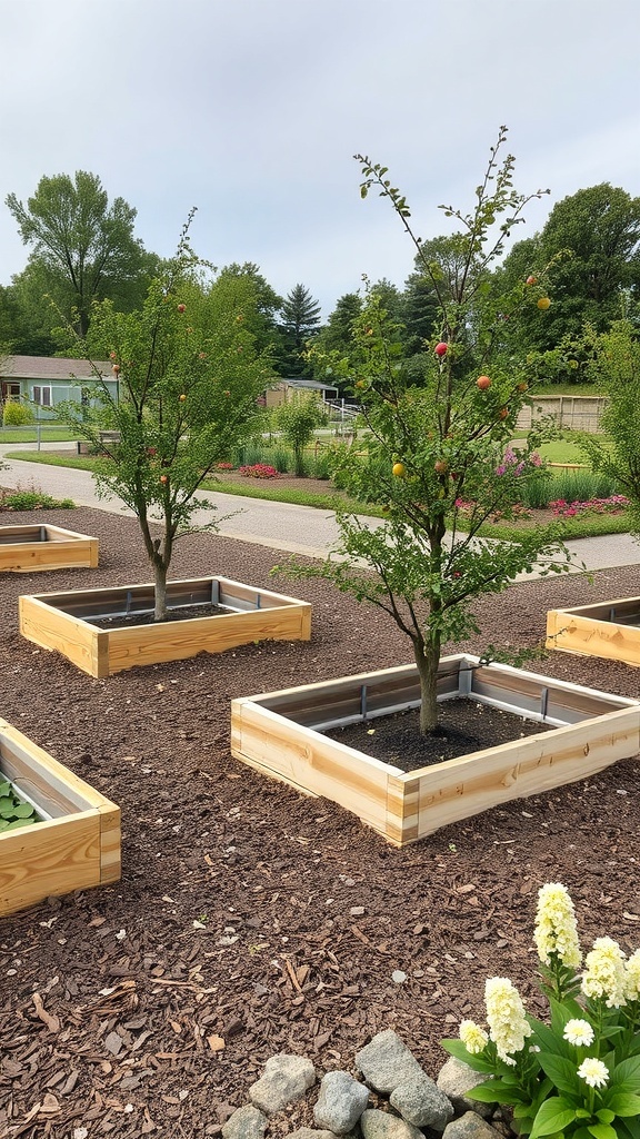 A fruit tree garden featuring raised beds with trees and flowers.