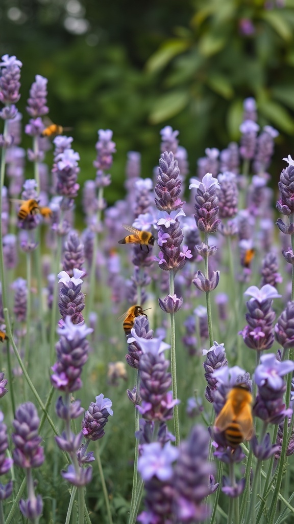 A field of lavender flowers with bees buzzing around