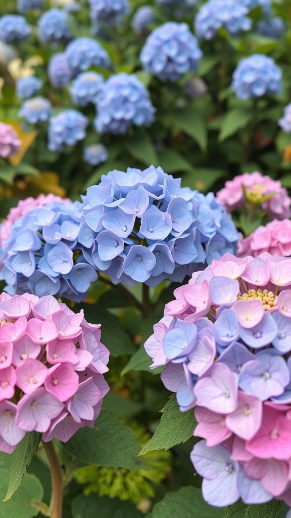 A close-up of hydrangea flowers in shades of blue and pink.