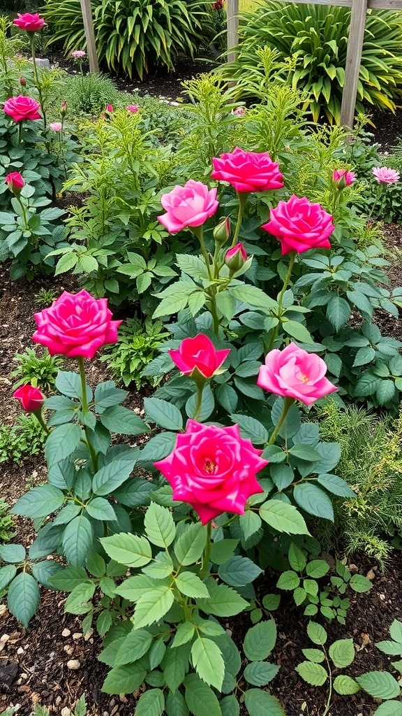 Vibrant pink roses surrounded by lush greenery in a garden
