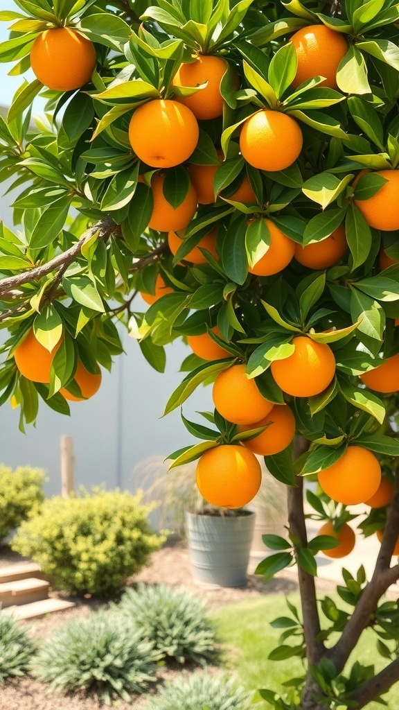 A close-up of a citrus tree laden with ripe oranges, surrounded by green foliage.