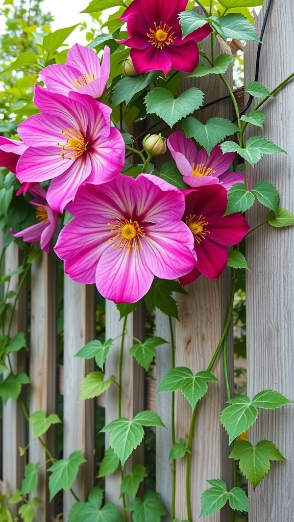 Vibrant pink and red clematis flowers climbing on a wooden fence.
