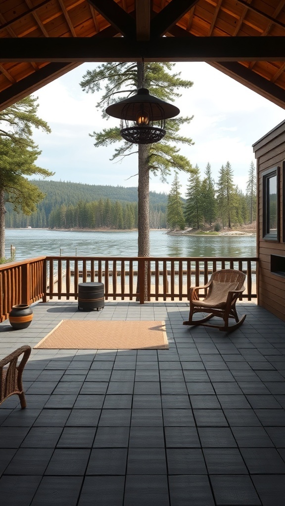 A serene lakeside cabin with a spacious deck overlooking the water and surrounded by trees.