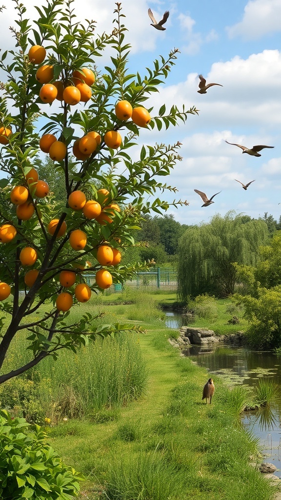 A scenic view of a fruit tree garden with oranges and a wildlife pond, featuring birds around the water.