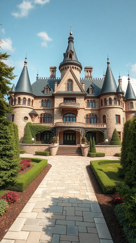 A grand castle-inspired residence with tall spires, intricate stonework, and lush landscaping.