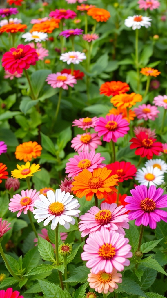 A colorful display of zinnias in various shades of pink, red, orange, and white.