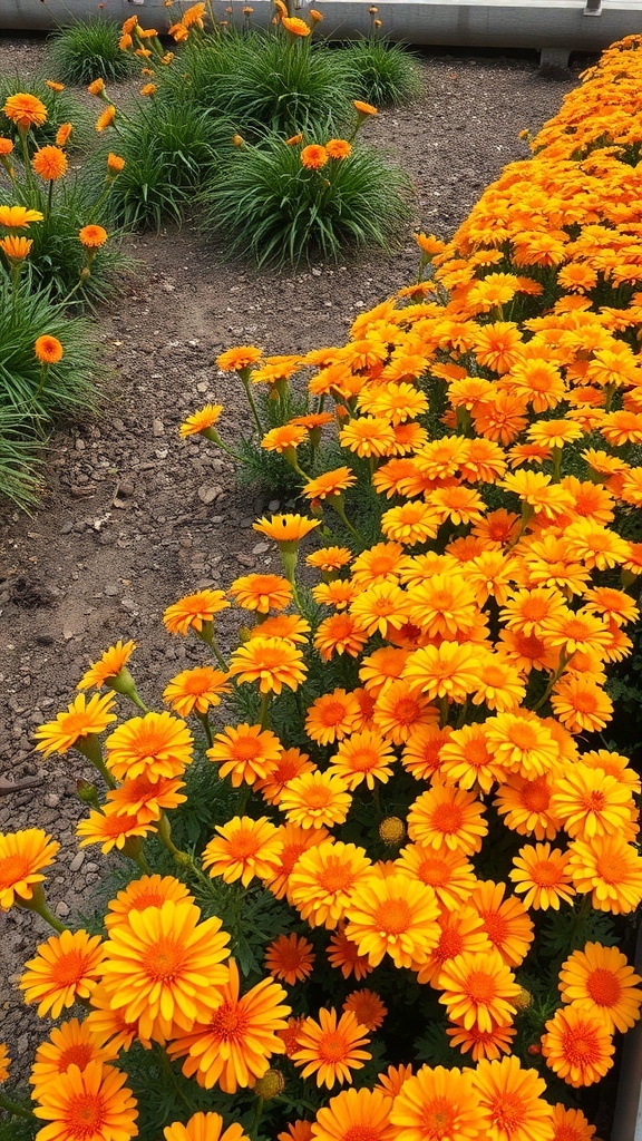 A vibrant display of marigold flowers in bright orange and yellow, arranged in neat rows with green foliage.