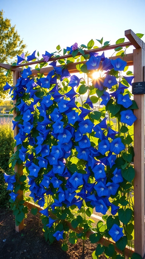 A vibrant display of blue morning glory flowers climbing a trellis, with sunlight shining through.