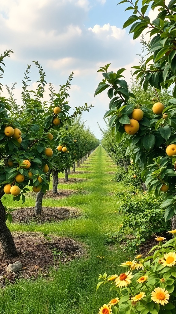 A fruit tree orchard with yellow fruits and blooming flowers in the foreground.