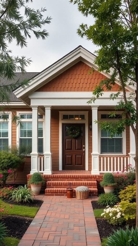 Front view of a sophisticated Craftsman bungalow with a welcoming porch and lush landscaping.