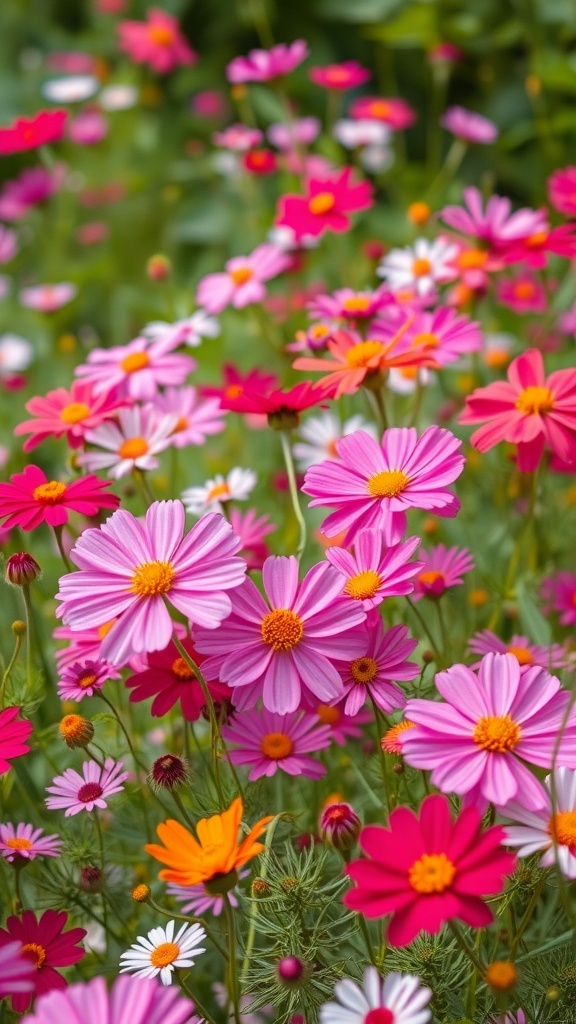 A vibrant display of cosmos flowers in various shades of pink, orange, and white.