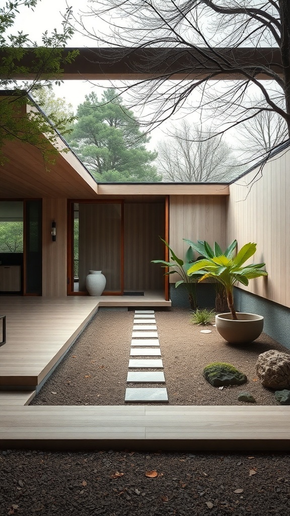 Zen-inspired home front view with wooden deck and garden