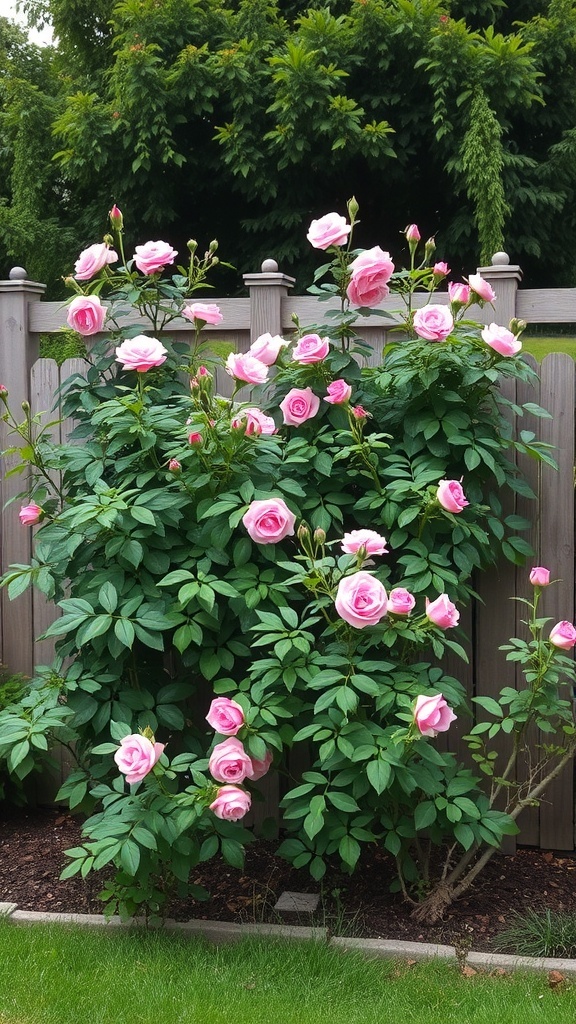 A lush rose bush with pink flowers growing against a wooden fence, creating a natural privacy screen.