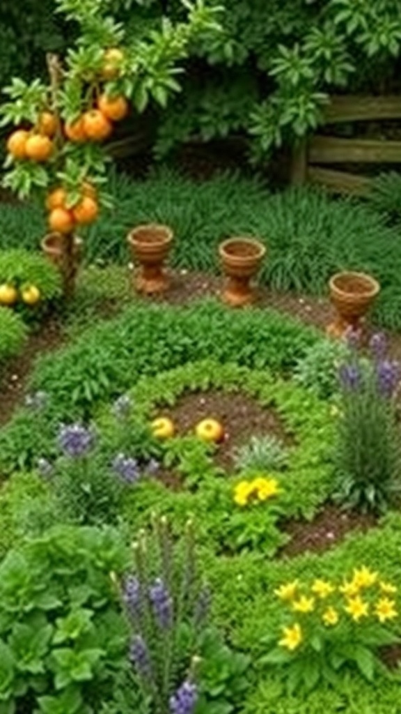 A spiral garden layout featuring an orange tree and various herbs and flowers.