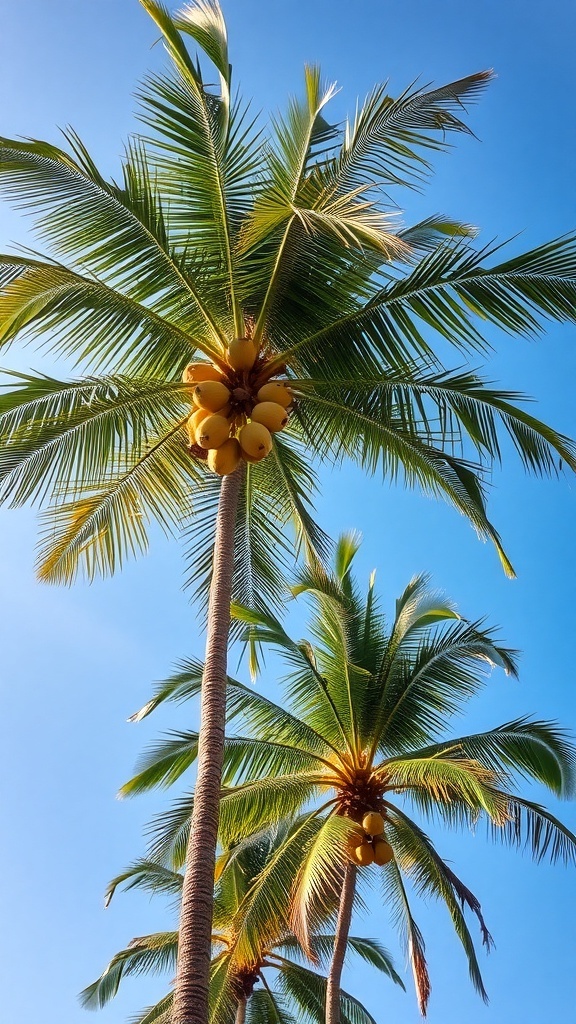 Coconut palms with coconuts against a clear blue sky