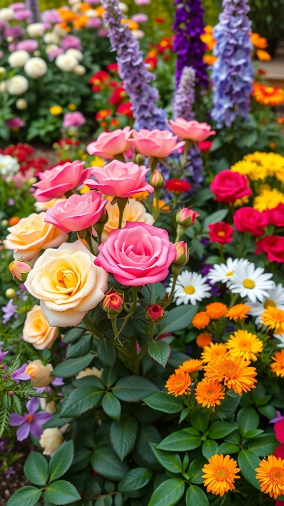 A vibrant mixed flower bed featuring various roses and colorful daisies, showcasing a lively garden arrangement.