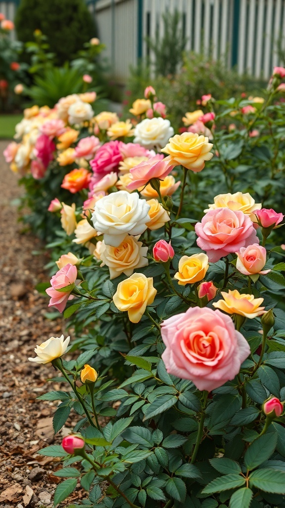 A beautiful border of classic English roses in shades of pink, yellow, and white, creating a vibrant and inviting garden space.
