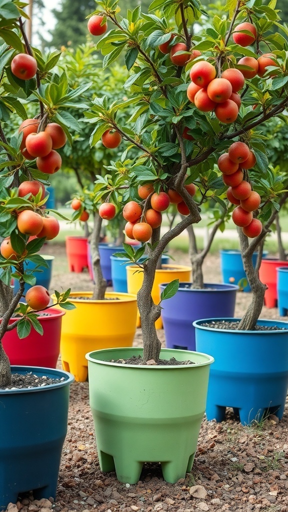 Colorful containers with fruit trees in a garden setting