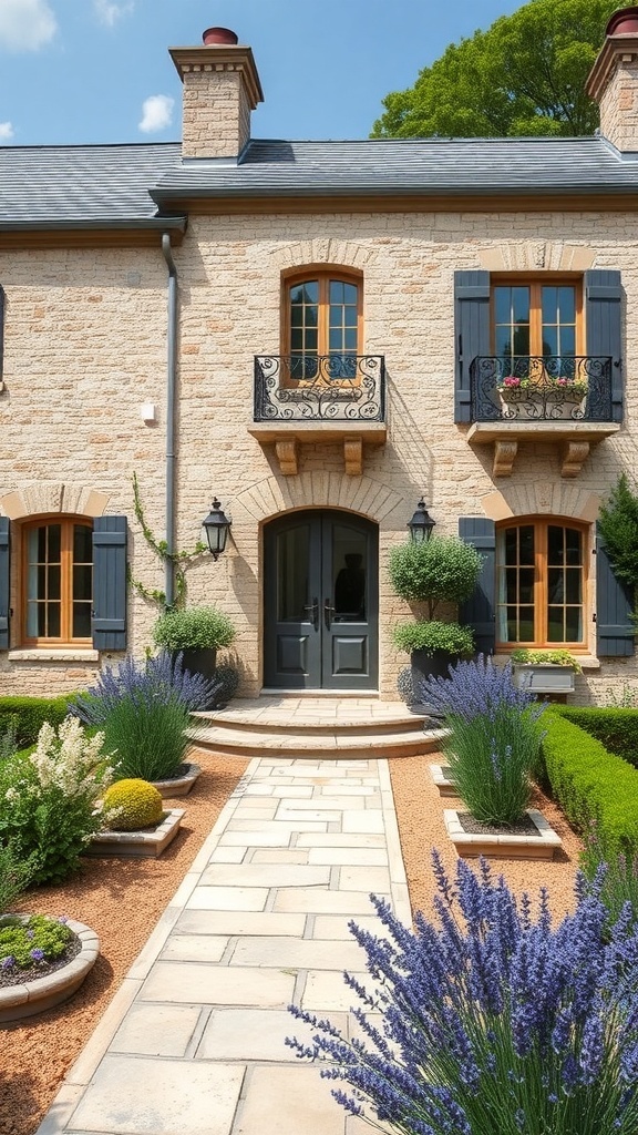 Chic French country home with stone facade, blue shutters, and lavender garden