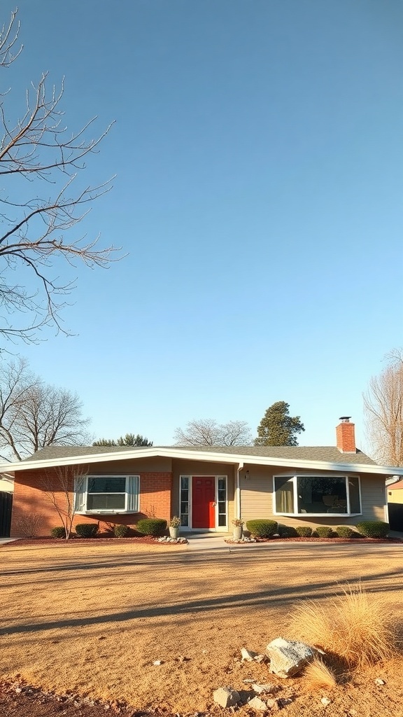 A stylish retro ranch house with a red door and large windows, surrounded by simple landscaping.