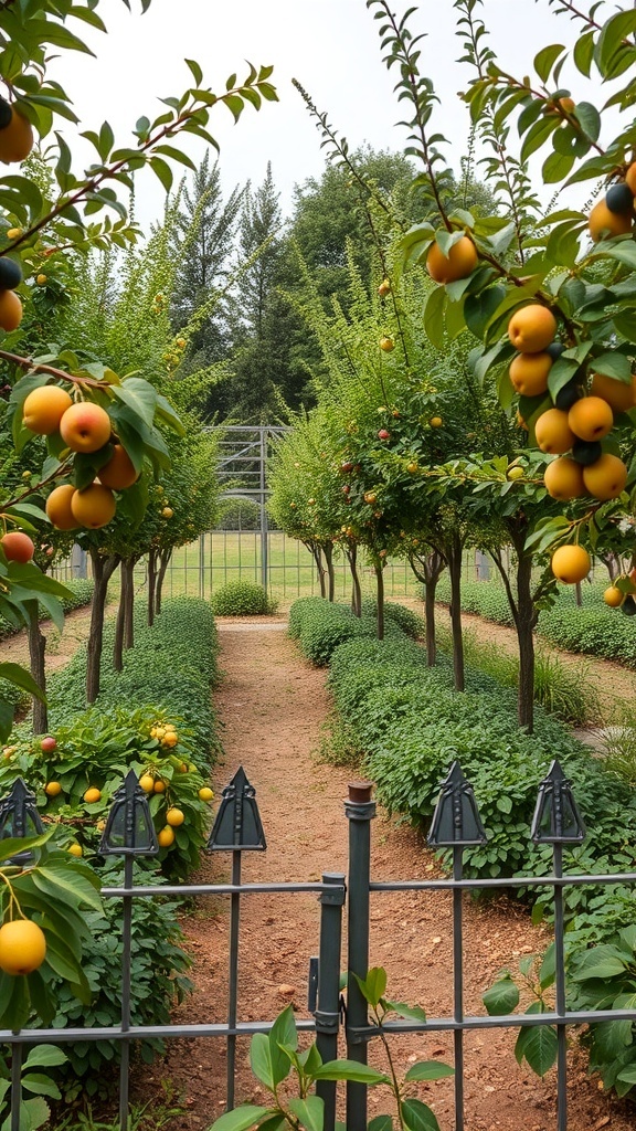 A fruit tree garden with artistic fencing, featuring rows of trees laden with fruit and a decorative fence.