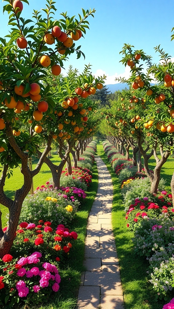 A spiral fruit tree garden with colorful trees and flowers lining a winding path.