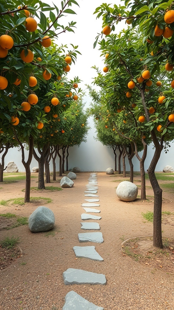 A sunken fruit tree garden with orange trees and a stone pathway.