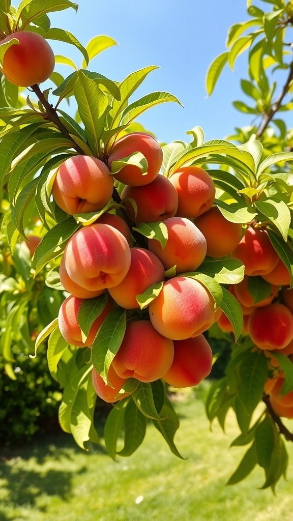A branch of a peach tree with ripe peaches and green leaves against a blue sky.